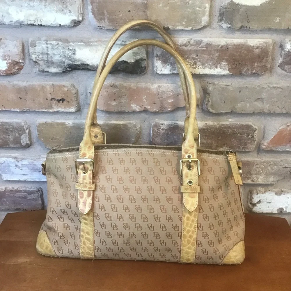 DOONEY & BOURKE Vintage Tan Signature Jacquard Croc Leather Trim Satchel Bag